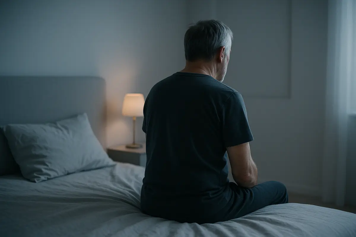 Muž po päťdesiatke v noci na posteli pri lampe, časté močenie v noci ako prejav zväčšenej prostaty