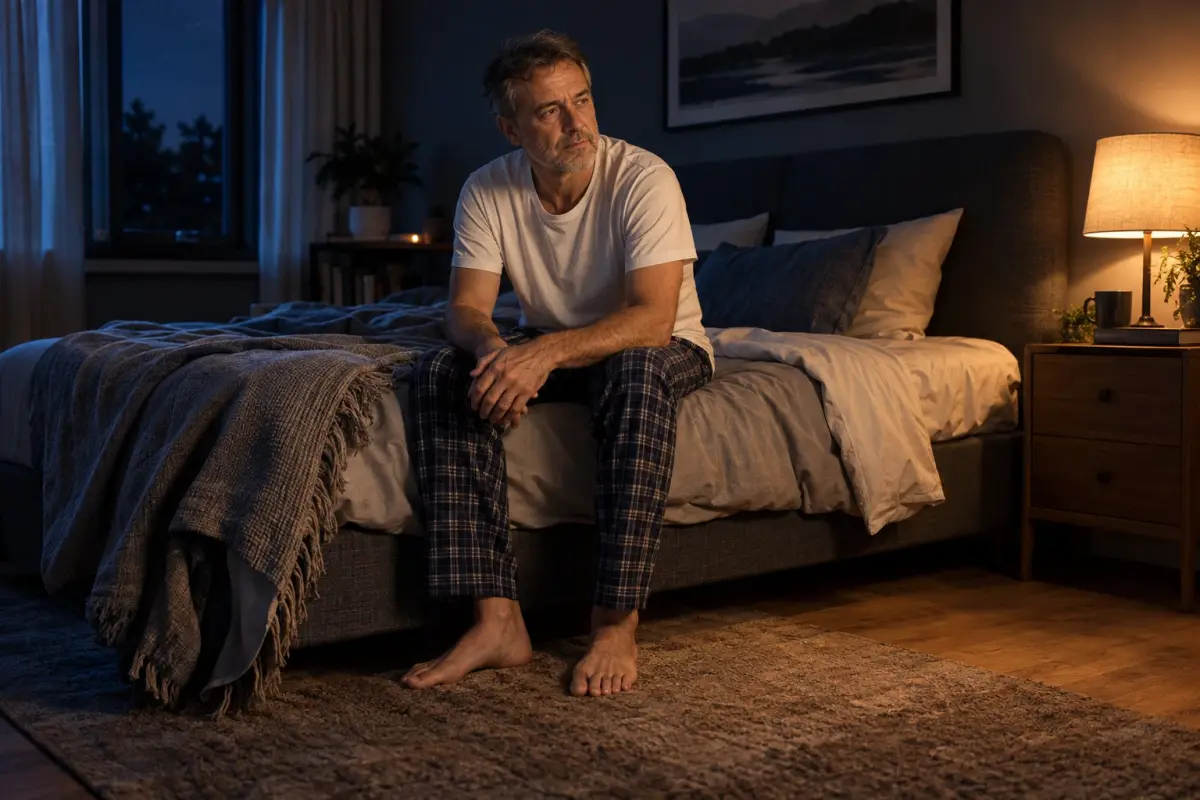 Muž po päťdesiatke v noci na posteli pri lampe, časté močenie v noci ako prejav zväčšenej prostaty